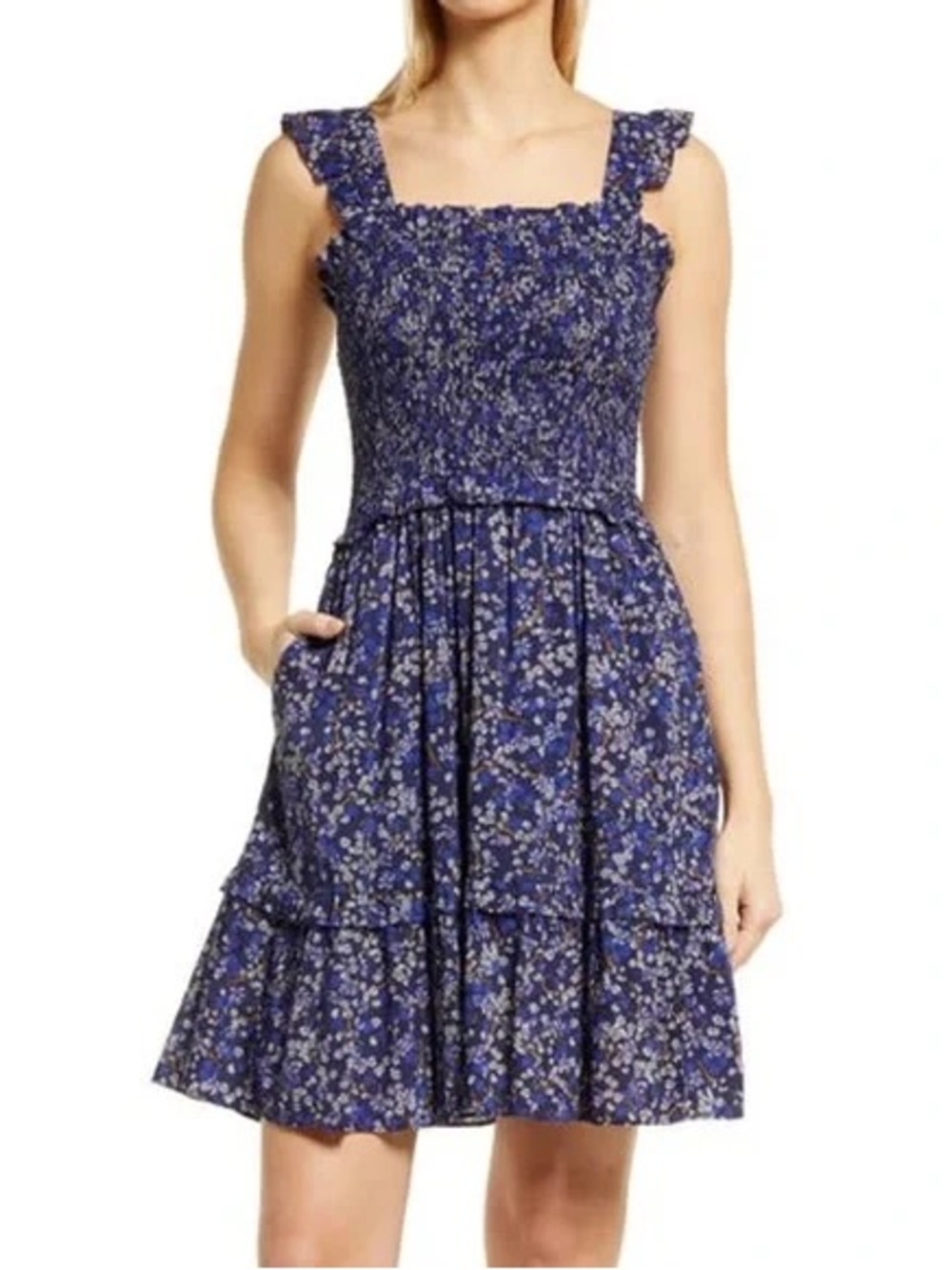 Draper James Ribbon Floral Smocked Dress Blue Tiered Dress Large